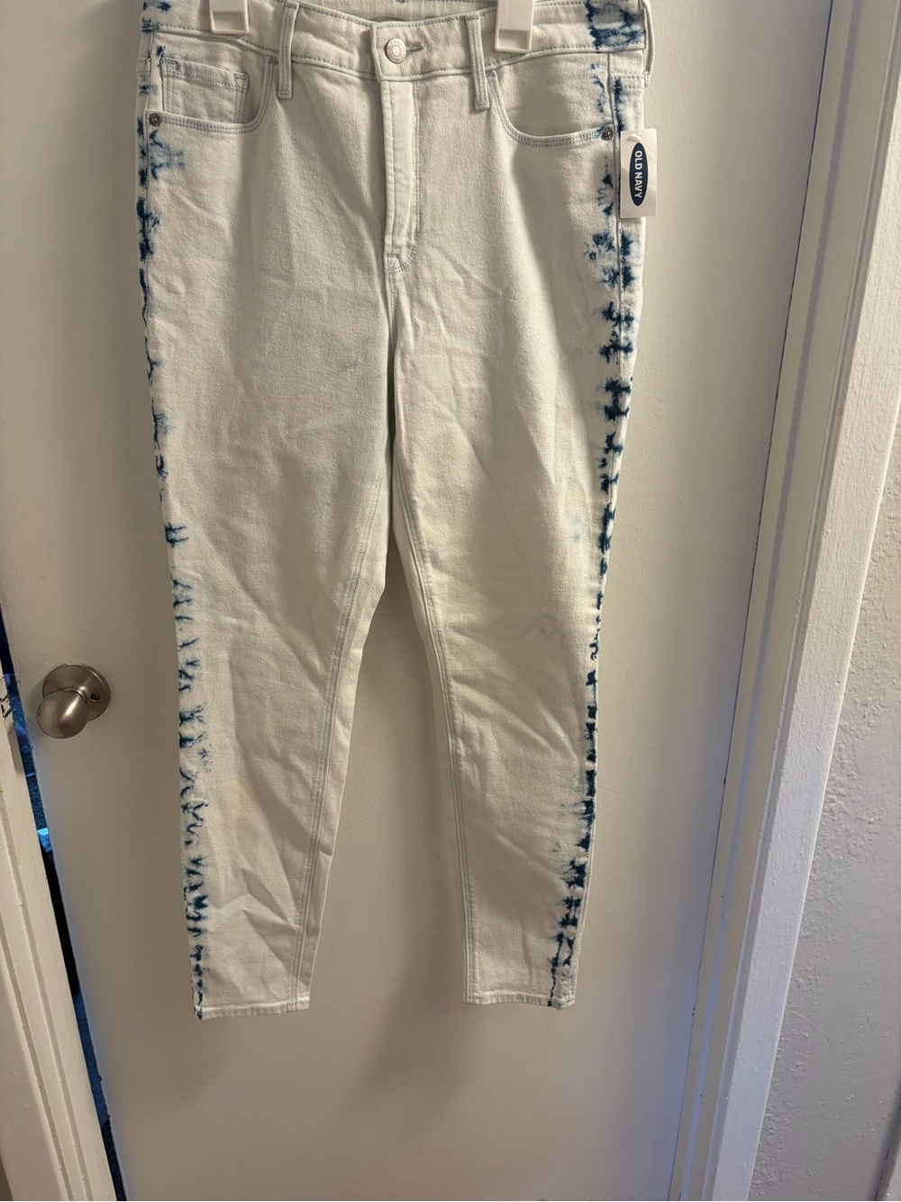 Old Navy White Skinny Jeans with Blue Tie-Dye Side Stripes